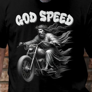 God Speed Jesus on Motorcycle Look vintage Graphic T-shirt, t-shirt religieux cool, motard chrétien, cadeau de vie de motard, cadeau d'humour chrétien