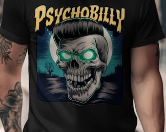 Camiseta gráfica de calavera psychobilly, camiseta rockabilly de terror punk