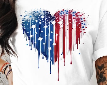 Patriotic Dripping Heart T-Shirt, American Flag Colors, Stars Stripes Tee, 4th of July Clothing, Independence Day Outfit Unisex,