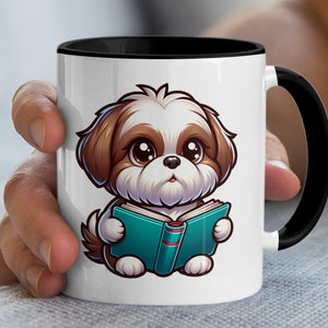 Adorable taza de lectura con forma de perro Shih Tzu de dibujos animados, linda taza de café para amantes de los cachorros, artículos para beber con ilustración de animales, regalo para dueños de mascotas
