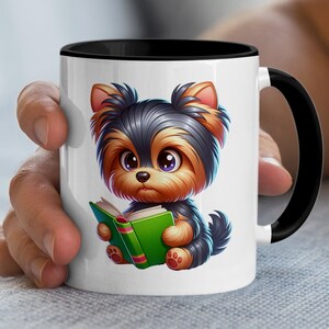 Adorable Yorkie Reading Dog Cartoon Mug, Cute Animal Lover Coffee Cup, Bookworm Yorkie Puppy Tea Mug, Unique Gift for Readers and Pet Owners
