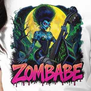 Zombabe T-Shirt: Zombie Woman Bass Player - Psychobilly Halloween Tee