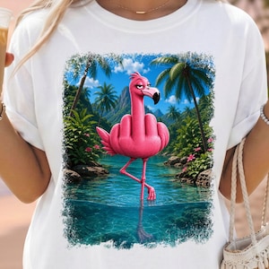 Lustiges Flamingo Mittelfinger T-Shirt | Freches tropisches Vogel-Haltungs-T-Stück Geschenk für sie | Urlaub Sommer Humor Top