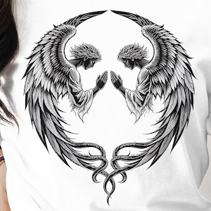 Praying Angels T-Shirt, Angel Wings Graphic Tee, Gothic Angel T Shirt, Black And White Angel Art, Unique Angel Design, Religious Gift