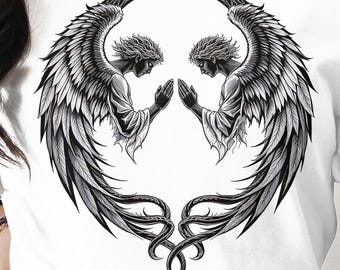 Gothic T-shirt met biddende engelen: zwart-wit T-shirt met Wings-afbeelding