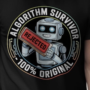 Może przedstawiać: Czarny t-shirt z okrągłą grafiką przedstawiającą robota trzymającego znak "REJECTED". Projekt zawiera tekst "ALGORITHM SURVIVOR" i "100% ORIGINAL" w stylu retro.