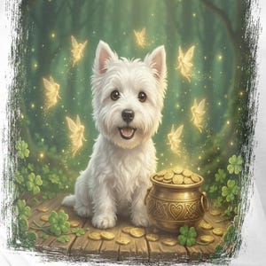 May include: White t-shirt featuring a whimsical illustration of a West Highland White Terrier, a pot of gold, and golden fairies in a forest setting. The design has a St. Patrick's Day theme with shamrocks and a magical atmosphere.