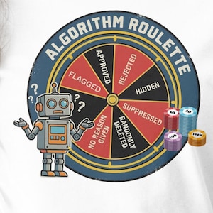 Peut inclure: T-shirt blanc avec un motif coloré d'un robot et d'une roue de roulette. La roue est intitulée "Algorithm Roulette" avec des sections comme "Flagged" et "Suppressed". Le robot a des points d'interrogation au-dessus de sa tête. Trois bobines de fil sont également visibles.