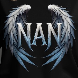 May include: Black t-shirt featuring the word "NAN" in a stylized font, framed by a pair of detailed, feathered wings in shades of white and blue. The design is centered on the shirt.