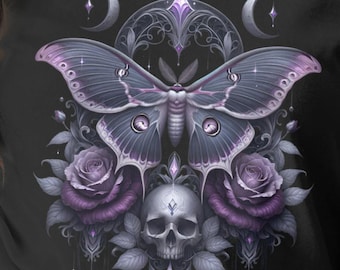Gothic Moth T-Shirt: Skull, Roses & Moon - Dark Academia Fashion