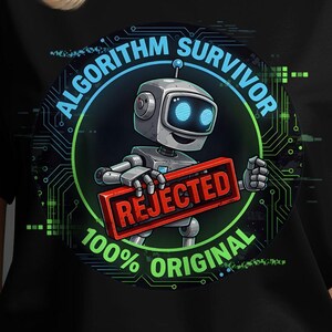 Peut inclure: T-shirt noir avec un robot tenant une pancarte rouge « REJECTED ». Le design comprend les mots « ALGORITHM SURVIVOR » et « 100% ORIGINAL » dans un cercle vert et bleu avec un motif de circuit imprimé.