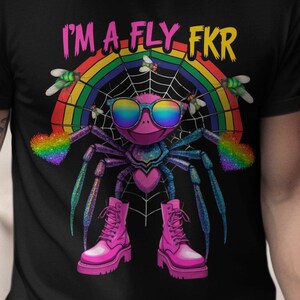 Fly Spider T-Shirt, Rainbow, Booted Spider, Funny Graphic, Trendy T-Shirt, Spider Lover Gift, Insect Tee, Cute Spider T-Shirt, Gay spider,