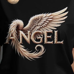 Angel Wings Graphic Tee: Feather Typography, Spiritual Christian Apparel