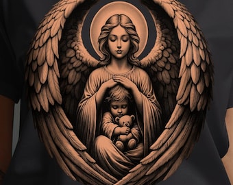 Angel With Child Graphic Tee - Guardian Angel Wings Shirt