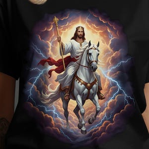 May include: Black t-shirt featuring a graphic of a figure on a white horse, holding a staff, set against a backdrop of clouds and lightning. The figure is wearing white robes and a red sash. The design is centered on the shirt.