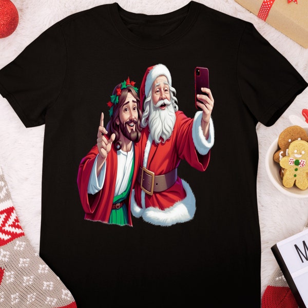 Jesus and Santa Funny Christmas Selfie T-Shirt, funny santa shirt, Funny Jesus shirt, Christian humour, Parody, satire, Bromance, Funny Xmas