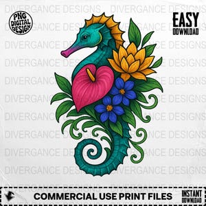 Seahorse PNG,Floral Seahorse, Teal Seahorse, Tropical Png, Ocean Png, Sublimation Png,T-Shirt,Digital,Digital download png