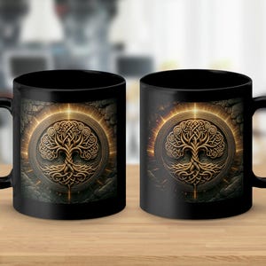 Celtic Tree of Life Mug: Black Ceramic Coffee Cup (11oz)