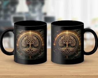Celtic Tree of Life Mug: Black Ceramic Coffee Cup (11oz)