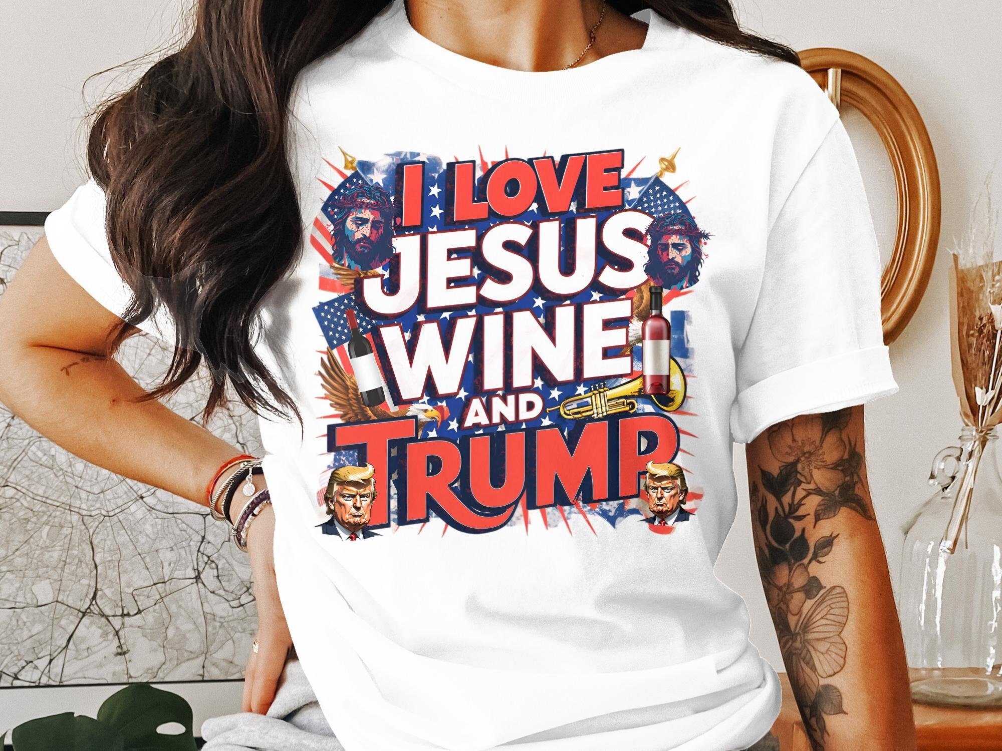 Patriotic I Love Jesus, Wine, and Trump Graphic T-Shirt, American Flag Design, Unisex Apparel, I love Trump Tee, Mom Gift, Dad Gift, Faith
