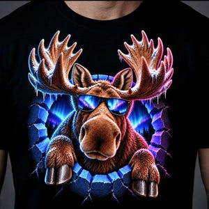 Op de afbeelding: Een zwart t-shirt met een grafische print van een bruine eland met een zonnebril op. De eland komt uit een rond gat in een blauwe stenen muur, waarbij het grote gewei ijzige details vertoont tegen een achtergrond van het noorderlicht.