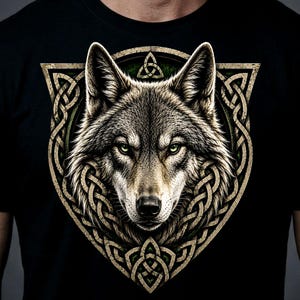 May include: A black t-shirt featuring a detailed graphic of a wolf head centered within a beige and green triangular frame decorated with intricate Celtic knotwork patterns. The wolf has grey fur, pointed ears, and focused green eyes.