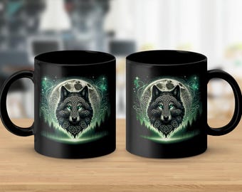 Celtic Wolf Coffee Mug: Lunar Wildlife Art, Wolf Lover Gift