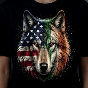 May include: Black t-shirt featuring a detailed wolf portrait. The wolf's face is split, with the American flag on one side and the Irish flag on the other. The design is a patriotic and artistic representation.