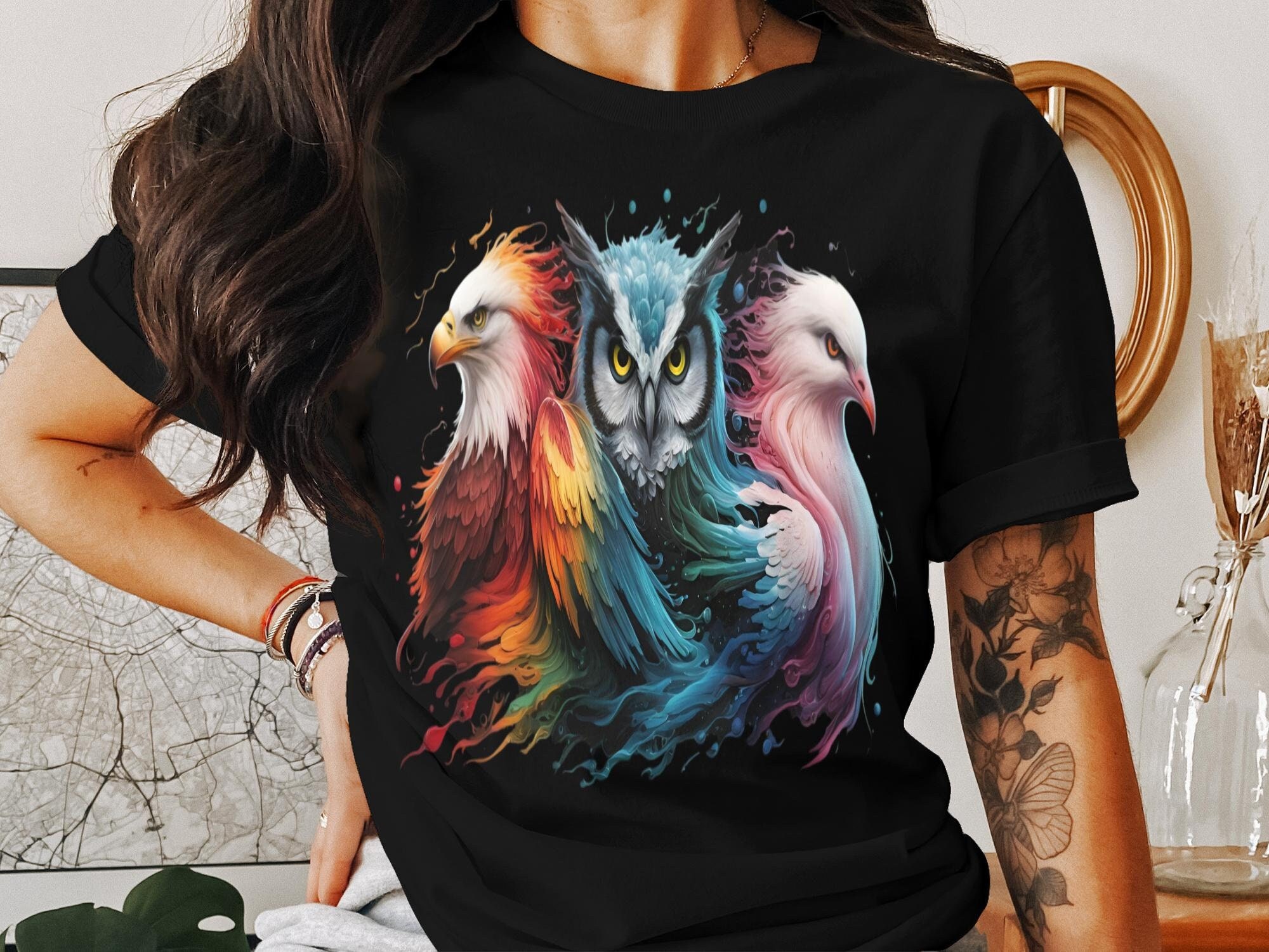 Colorful Eagle Owl and Dove Fusion Art T-Shirt, Unique Bird Lovers Graphic Tee, Unisex Fashion Top, 