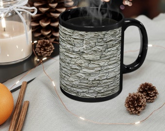 Textured Brick Mug: 3D Stone Pattern, Black Ceramic Mug (11oz)