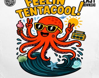Feelin Tentacool PNG: Bläckfisksommarstrandvibbar (digital nedladdning PNG)