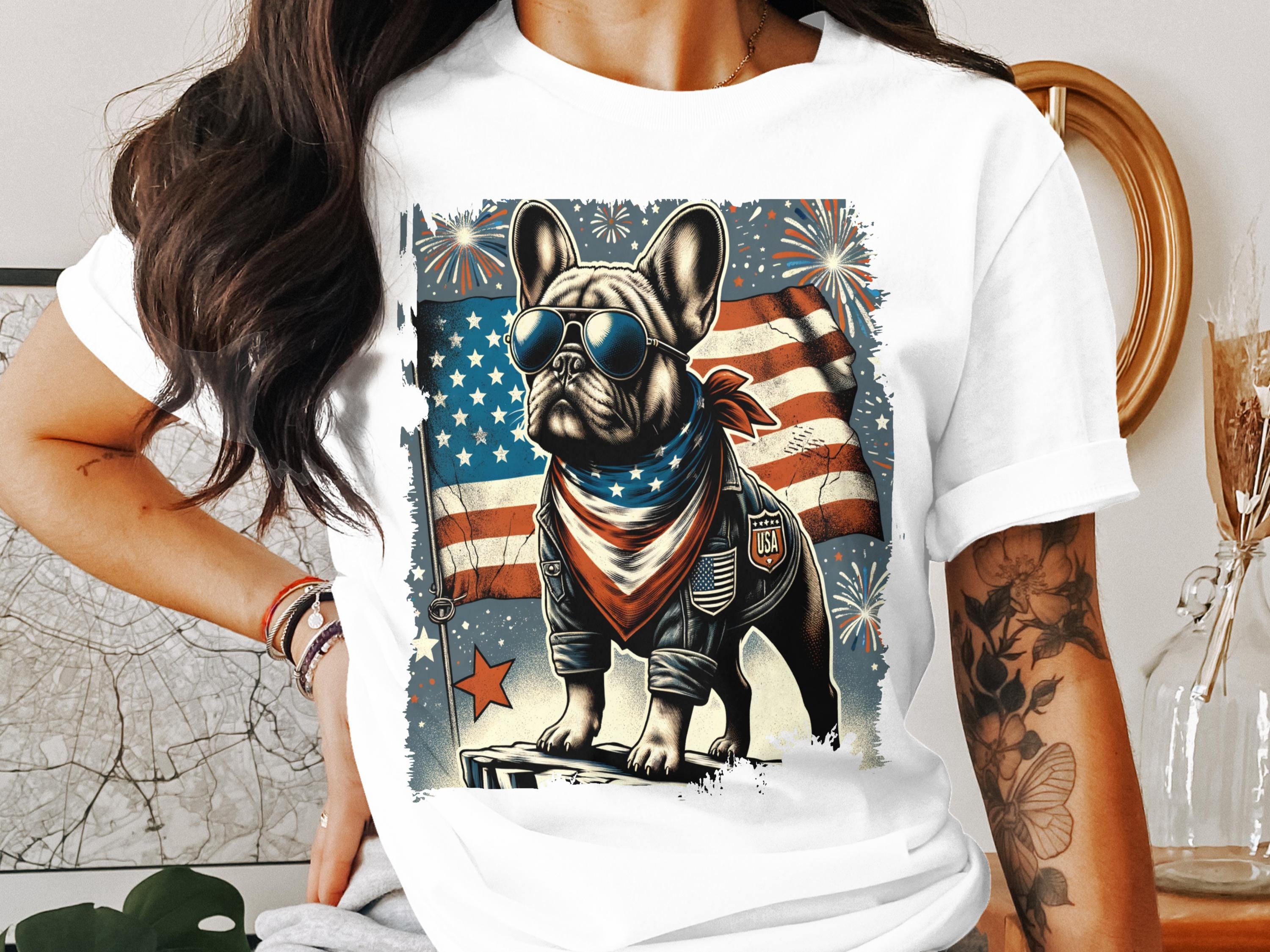Patriotic French Bulldog T-shirt: American Flag 4th of July Dog