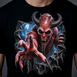 Peut inclure: Un t-shirt noir avec une impression graphique représentant un démon rouge à cornes, doté de dents acérées et de longues griffes tendues vers l'avant. La créature semble sortir d'une déchirure dans le tissu, révélant une forêt bleue sombre.
