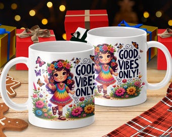 Hippie Girl Coffee Mug: Good Vibes, Butterfly & Flowers - 11oz Ceramic