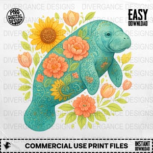 Floral Manatee PNG, Cute Manatee Clipart, Flower Sea Cow Png, Manatee T-Shirt, Digital Download, Sublimation Png