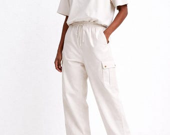 Linnebyxor, Resår i nederkant, Sommarbyxor i linne, Lösa linnebyxor, Unisex linne, Linnejoggingbyxor