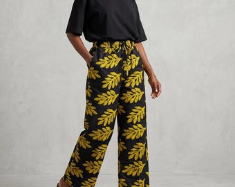 Vibrant Print Cotton Trousers, Relaxed Loose Fit, Wide Leg Pants