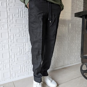 Pantalones de lino negros, pantalones de corte regular, pantalones de lino de verano, pantalones de lino, cintura elástica, pantalones de lino de corte clásico, pantalones de lino unisex