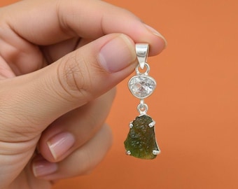 Herkimer Diamond & Moldavite Sterling Silver Pendant | Raw Crystal Healing Necklace