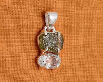 Raw Herkimer Diamond & Moldavite Pendant - Sterling Silver Crystal Necklace
