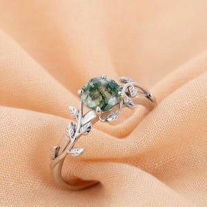 Moss Agate Leaf Ring: Sterling Silver Boho Engagement Ring
