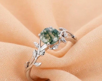 Moss Agate Leaf Ring: Sterling Silver Boho Engagement Ring