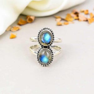 Natural Labradorite ring , Blue flashy two gemstone ring , 925 Sterling silver plated labradorite ring , Bridesmaid gift , Gift for her