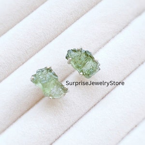 Natural Moldavite Rough Stud Earring , Gemstone From Czech Republic 925 Solid Sterling Silver Plated Handmade Designer Jewelry