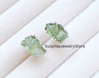 Natural Moldavite Stud Earrings: 925 Sterling Silver Handmade Jewelry