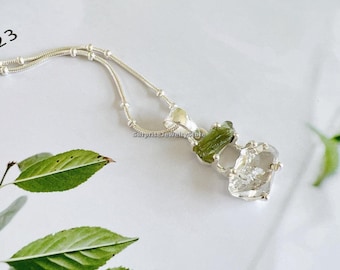 Moldavite pendant herkimer diamond natural gemstone 925 solid sterling silver plated handmade pendant