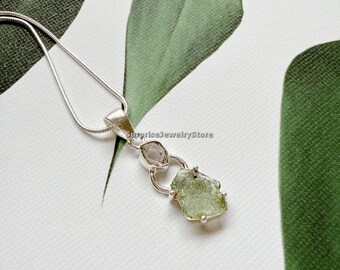 Moldavite pendant herkimer diamond natural gemstone 925 solid sterling silver plated handmade pendant