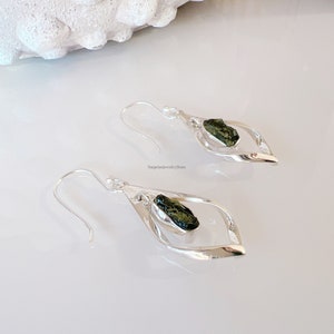 Natural Moldavite Rough Earring , Gemstone From Czech Republic 925 Solid Sterling Silver Plated Handmade Designer Jewelry