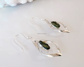 Natural Moldavite Rough Earring , Gemstone From Czech Republic 925 Solid Sterling Silver Handmade Designer Jewelry