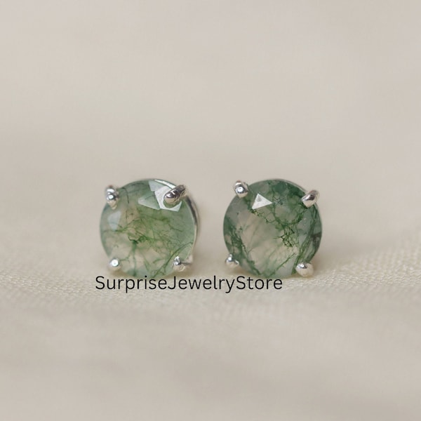 Green Moss Agate Stud Earring Natural Gemstone 925 Sterling Silver Handmade Stud Earring